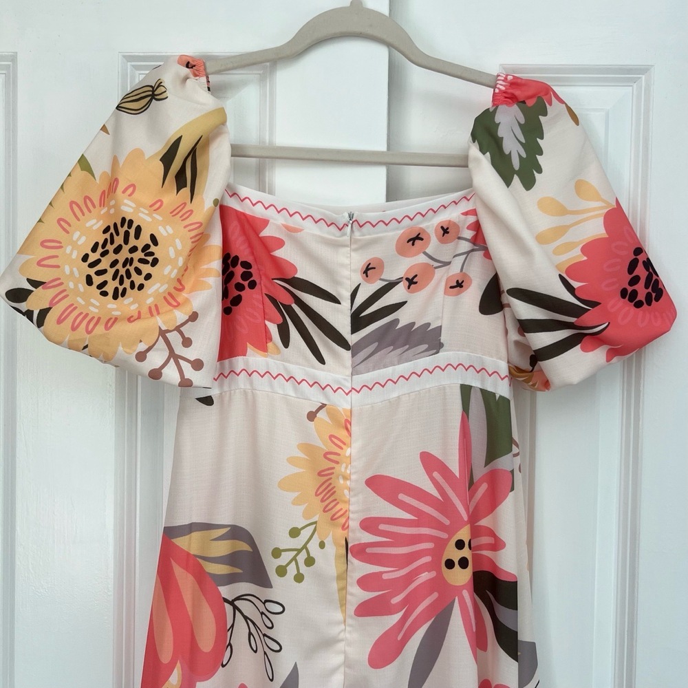 Floral Bohemian Square Neck‎ Puff Sleeve Tiered Ruffled Hem Maxi Dress Size M - Picture 14 of 16